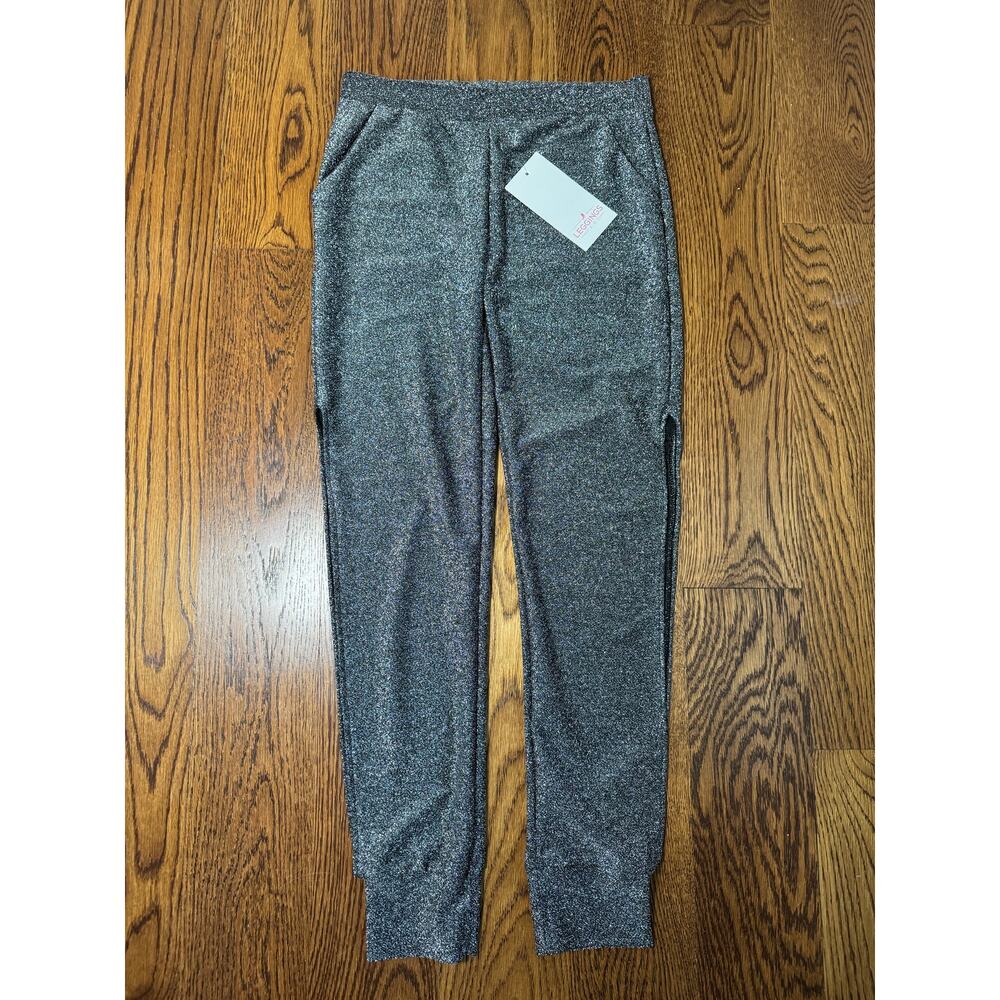 Leggings Park Women’sJogger Pants S/M Black Silver Glitter Lounge Metallic Shine